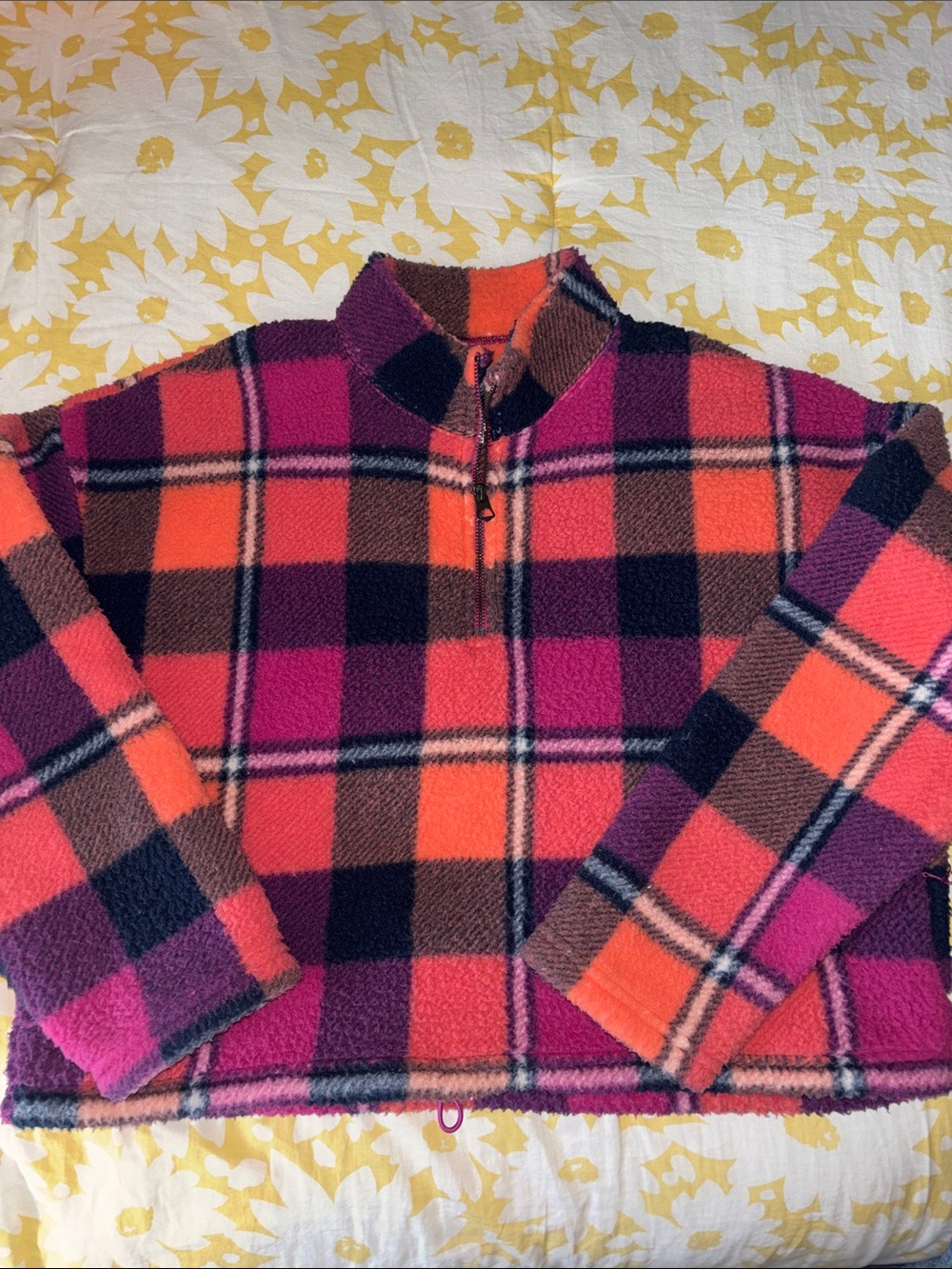 Pink, Orange & Blue Plaid Cropped 3/4 zip Fleece